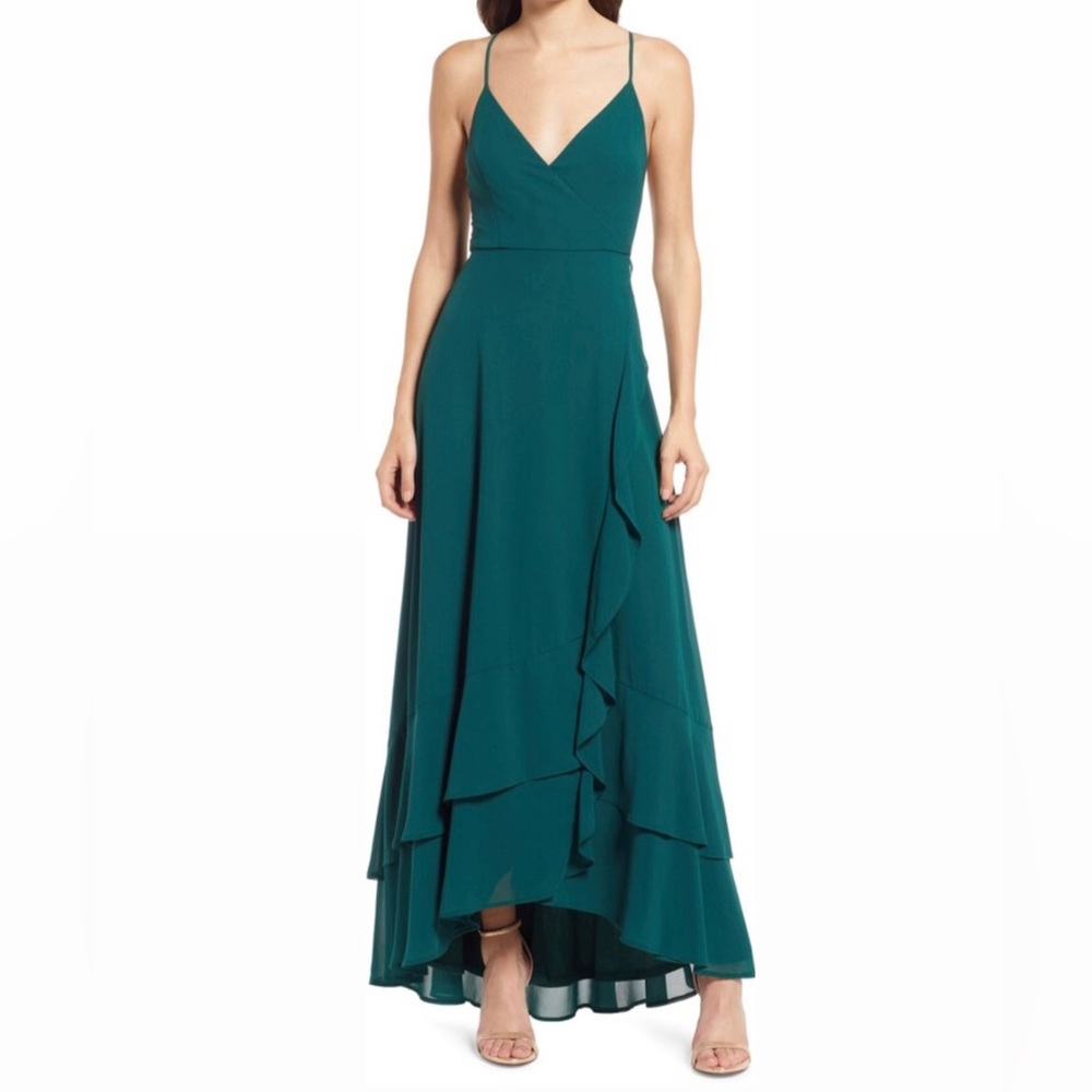 Lulu’s In Love Forever Emerald Green Lace-Up High-Low Maxi Dress